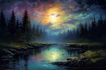 星光和树木璀璨绚烂河畔明月星辰插画