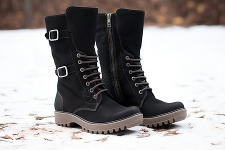 皮靴黑色靴子在雪地上背景