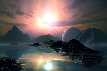日落水面上的山脉背景图片