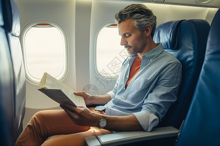 预订飞机上读书的男人背景