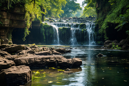 青松飞瀑绿林飞瀑背景