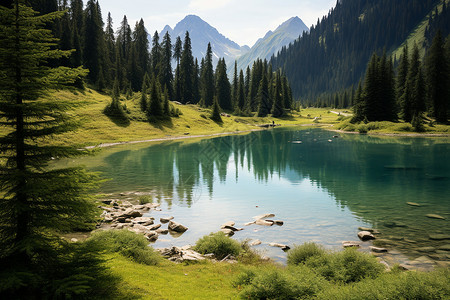 湖畔的森林背景图片
