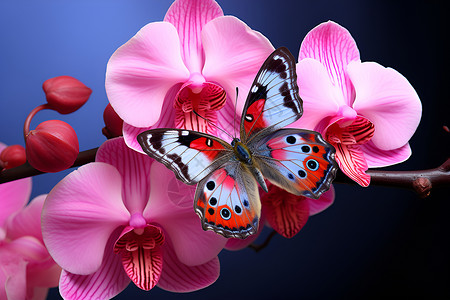 花瓣上美丽的蝴蝶特写背景图片
