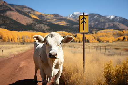 草原路牌旁的奶牛背景图片