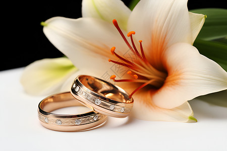 百合花旁时尚的情侣戒指背景图片