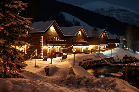 夜晚温馨的圣诞村庄背景图片