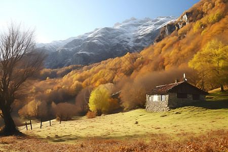 山野小屋的秋日风景背景图片
