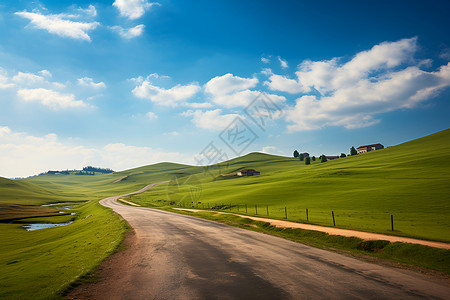 青天白云的田野小路背景图片