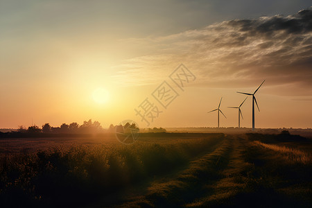 草地前景中有几棵树远处有几座风力发电机正在日落时分旋转背景图片