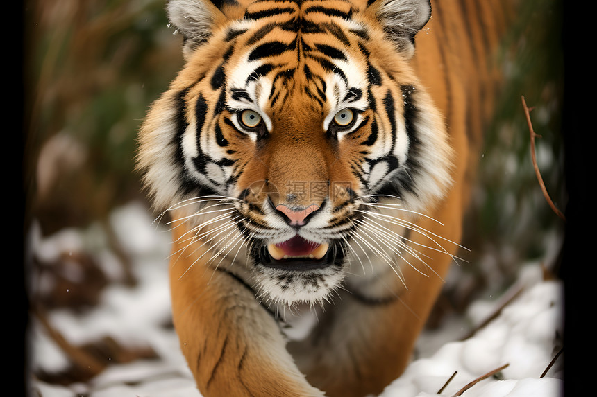 冬季户外行走的老虎图片