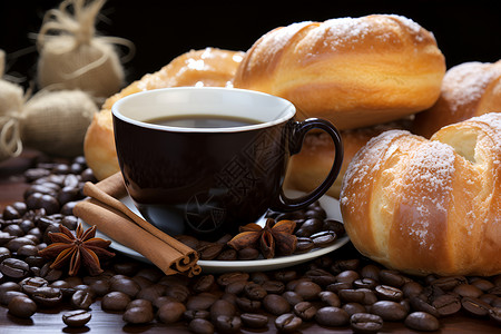 美味咖啡和面包背景图片