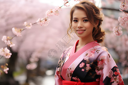 樱花下的和服美人背景图片