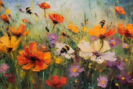 蜜蜂采花的油画插画