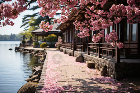 湖畔的花朵和房屋背景图片