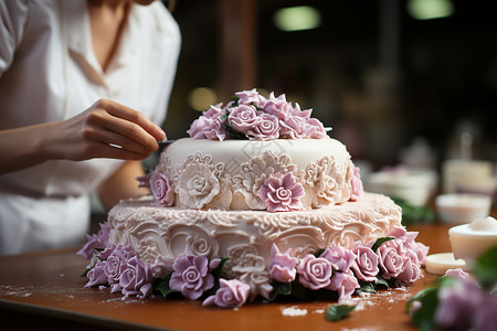 粉色花朵装饰的蛋糕背景图片