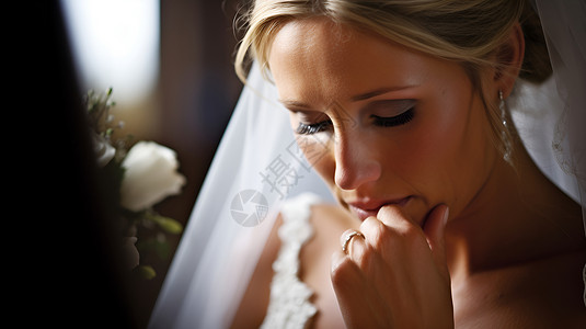 低头抽泣的新娘背景图片