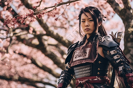 侍女俑侍女战士与樱花树背景