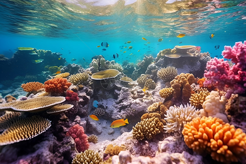 珊瑚礁和鱼群图片