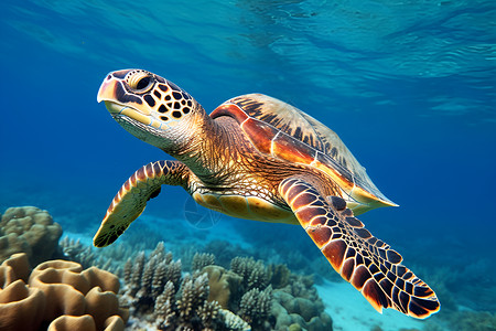 可爱的海龟海底游动高清图片