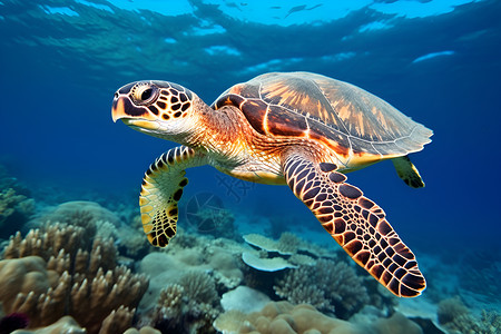一只海龟海洋游动高清图片