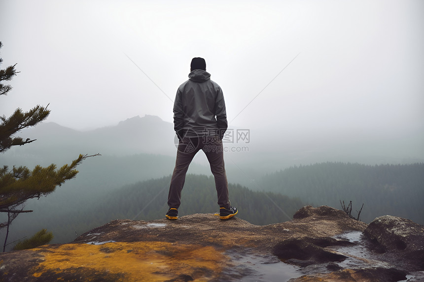 站在山顶的登山男士图片