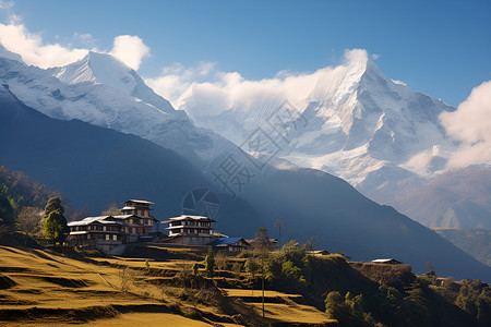 户外山脉中的村庄背景图片