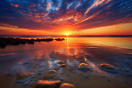 海滩上壮丽的夕阳背景图片