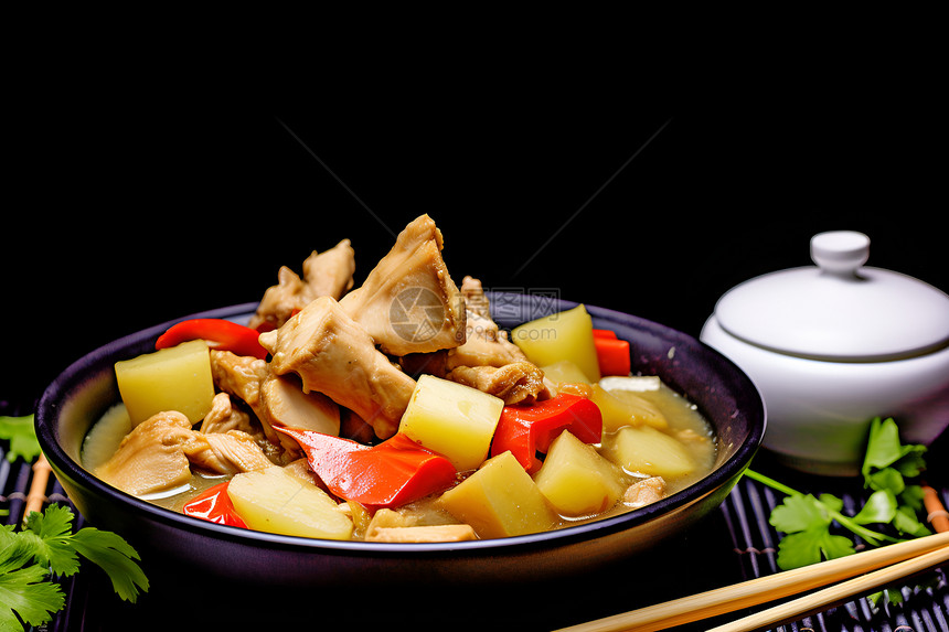 砂锅中的蔬菜和鸡肉图片