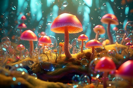 梦幻森林中的蘑菇背景图片