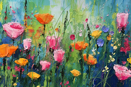 花园中的油画花朵背景图片