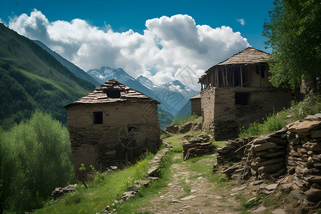 一条土路通向木屋背景图片