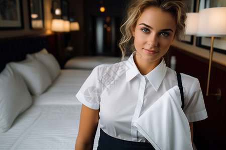 酒店房间里的女工背景图片