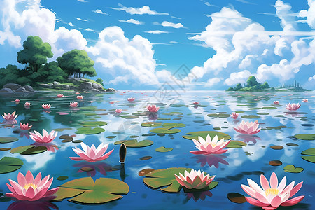 睡莲湖湖面上绚烂的睡莲插画