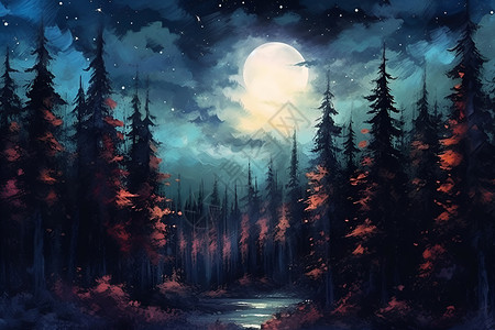 月光下的森林奇境背景图片