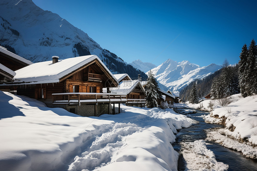 冬日白雪山间小屋图片