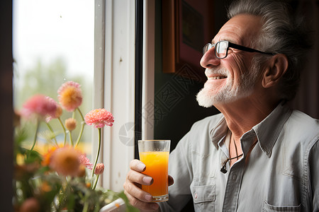 老人拿着橙汁站在窗边高清图片
