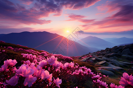 日落时分粉色的花海高清图片