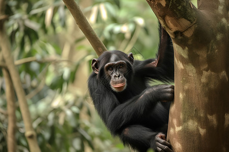 黑猩猩在树枝上挂着背景图片