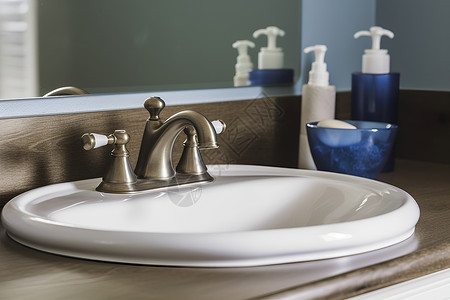 陶瓷产品装有香皂器和镜子的洗手台背景