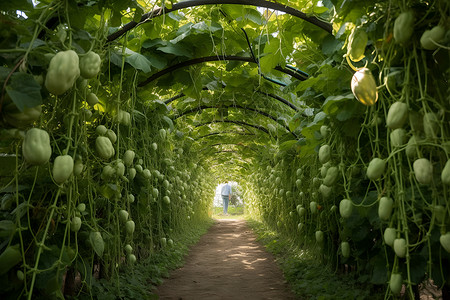 一个有绿豆藤的花园隧道背景图片