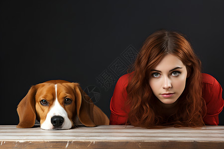 女士与悲伤表情的狗趴在桌子前背景图片