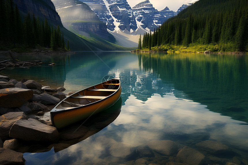 湖畔静卧一艘独桨图片
