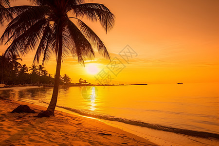 黄昏下的椰树海滩背景图片