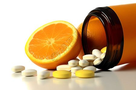 维生素片和橙子背景图片