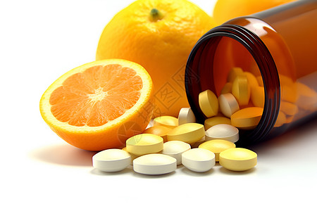 医疗阅片橙子和维生素片背景