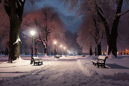 积雪的公园道路背景图片