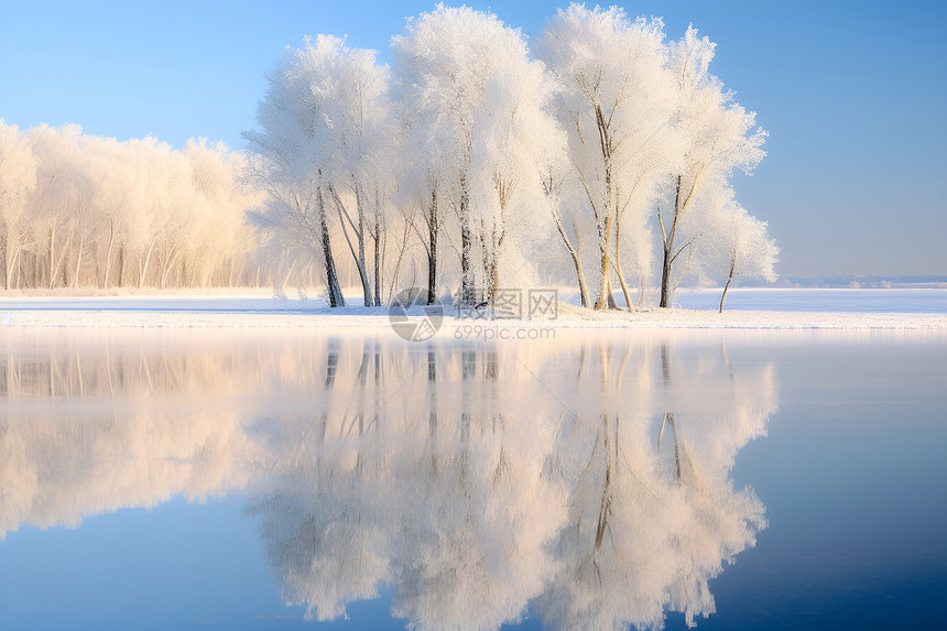 冬日白雪中的湖泊图片