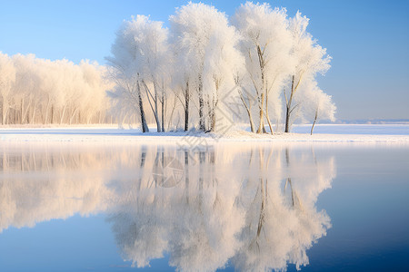 雪地蓝天冬日白雪中的湖泊背景