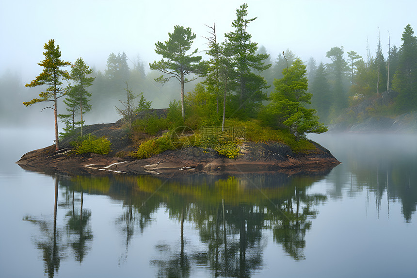 静谧奇幻湖畔迷雾中的小岛图片