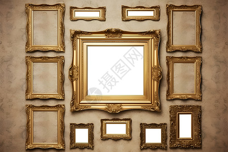 金色复古花边墙上空白的相框背景